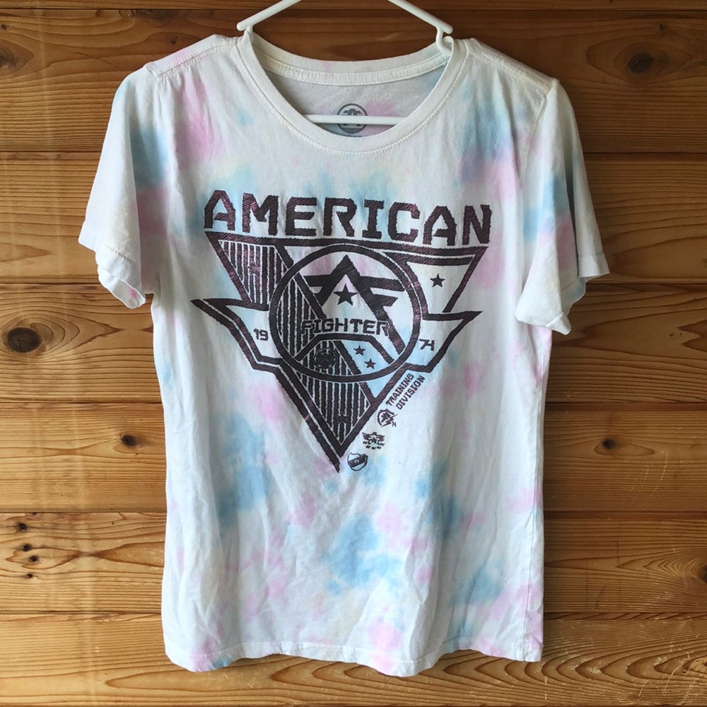 American Fighter womens medium T-shirt cyan magenta yellow tie dye